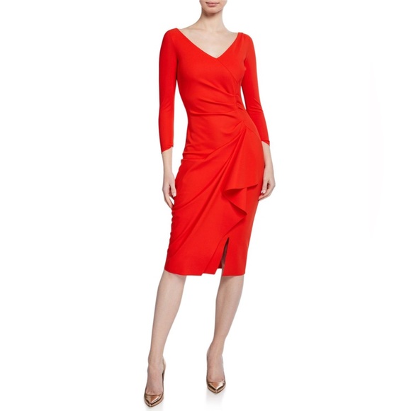 Chiara Boni Mandarin V-Neck Ruched Ruffled, 3/4 Sleeve Bodycon Dress, Size 38 - Picture 1 of 10